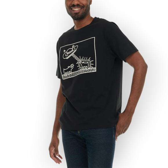 NEW XL Keith Haring Graphic Tee DOGS WITH UFO Black White Cotton - Picture 5 of 10